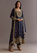 Thumbnail for Teeya Creation Blue Color Chinnon Silk Embroidery Work Gown - Distacart
