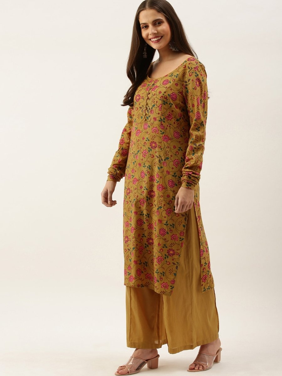All About You Women Brown Floral Print Straight Cotton Kurta with Palazzos & Dupatta - Distacart