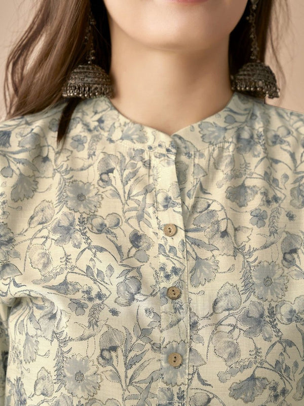 Anouk White & Blue Floral Printed Mandarin Collar Chanderi Silk Straight Kurta - Distacart