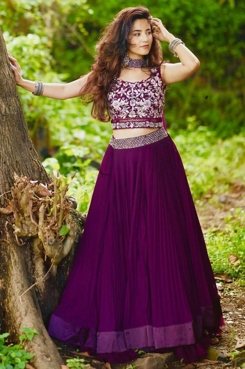 Jyoti Fashion Wine Crush Georgette Designer Lehenga Choli with Dupatta - Distacart