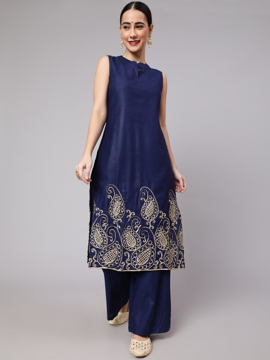 Aks Paisley Embroidered Band Collar Kurta with Palazzos - Distacart