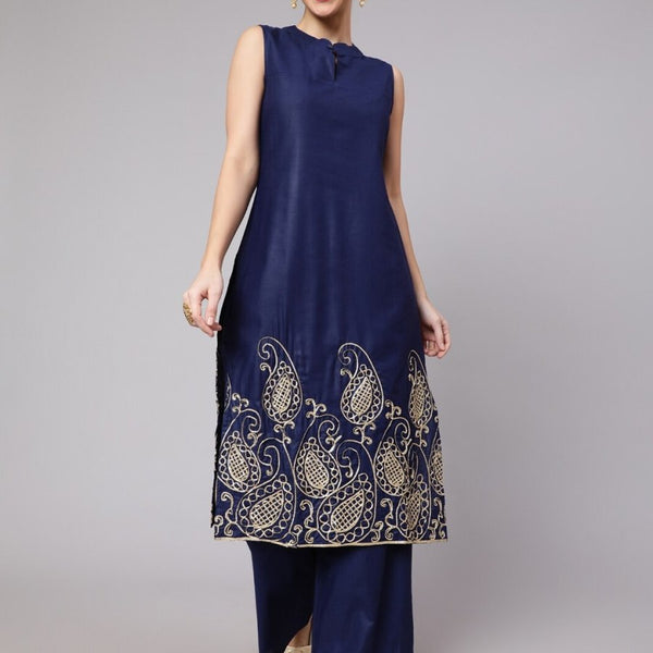 Aks Paisley Embroidered Band Collar Kurta with Palazzos - Distacart