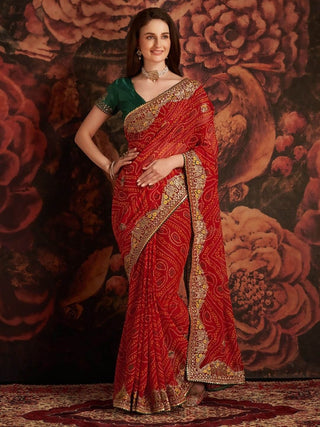 Anouk Red & White Printed & Embellished Georgette Bandhani Saree - Distacart
