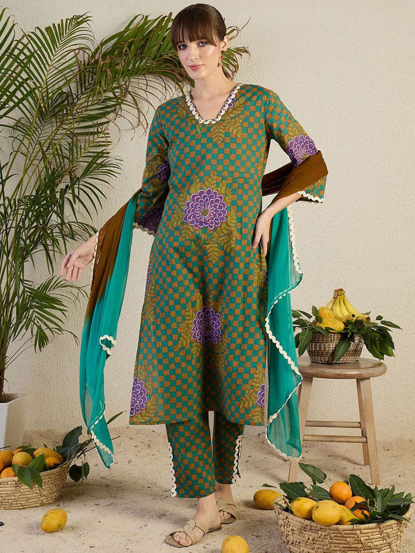Indo Era Women Floral Printed Regular Beads and Stones Kurta with Trousers & With Dupatta