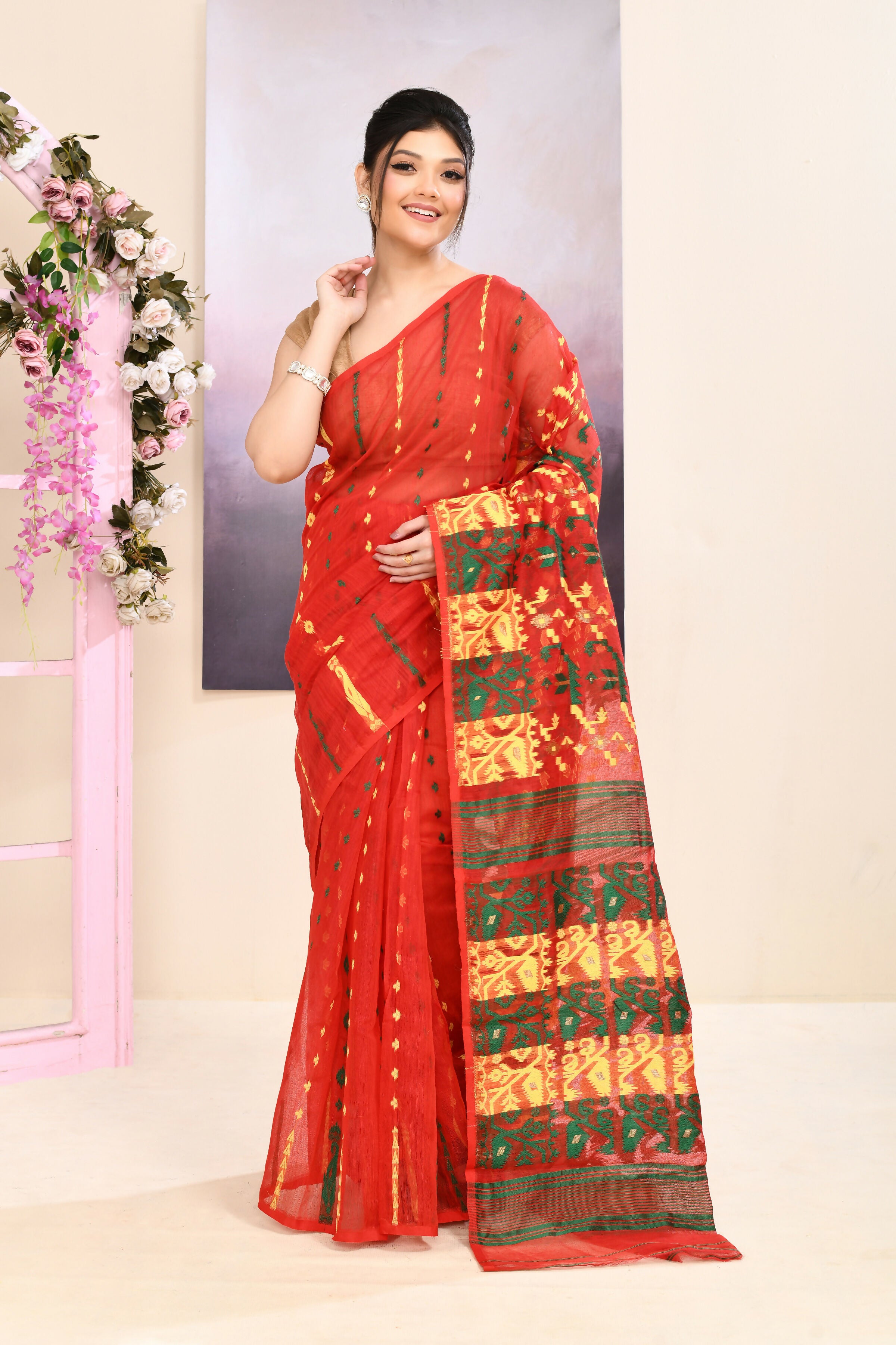 Piyari Fashion Women's Red Embellished Cotton Blend Jamdani Saree - Dista