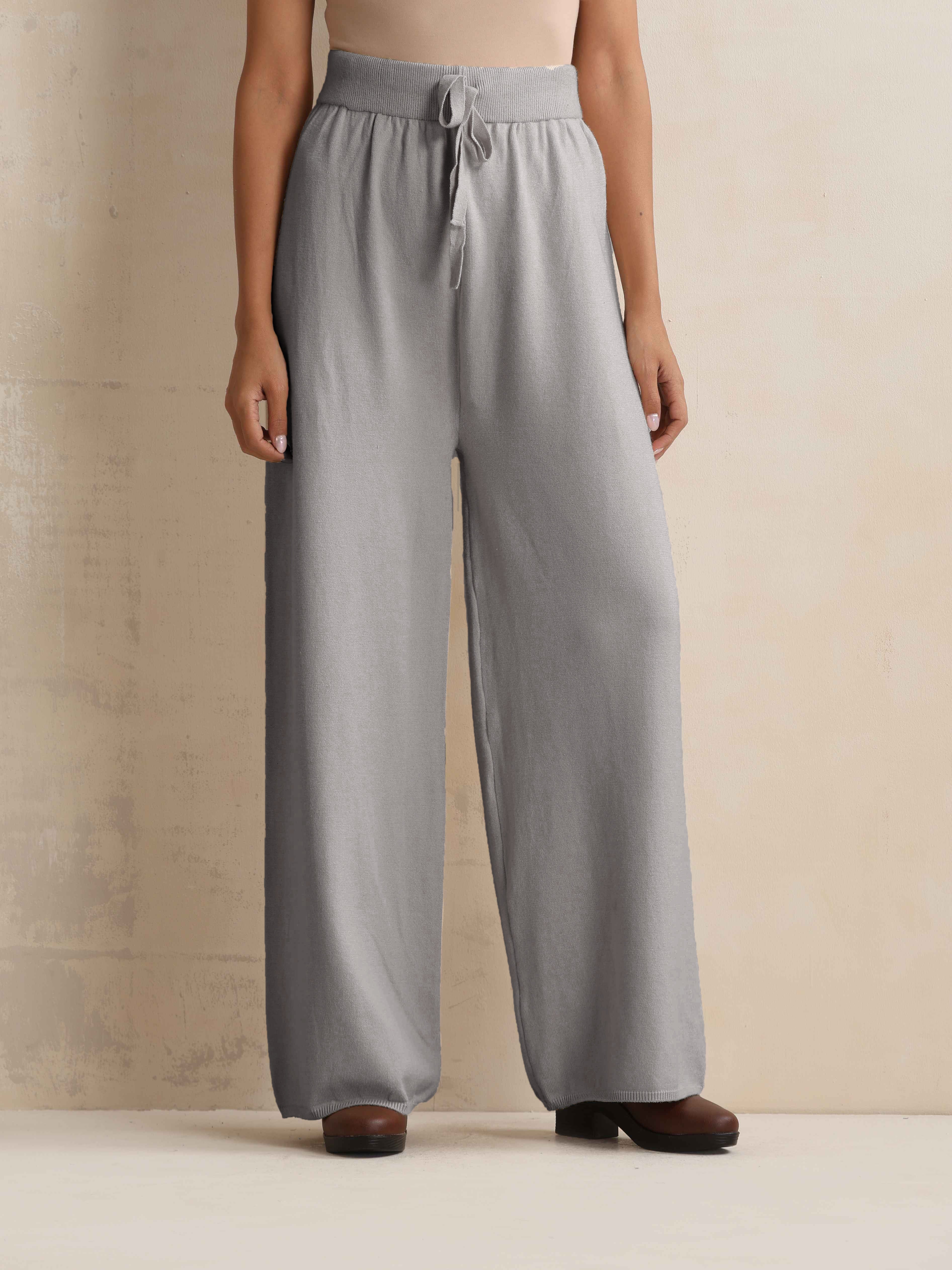 trueBrowns Grey Woollen Flared Pants - Distacart