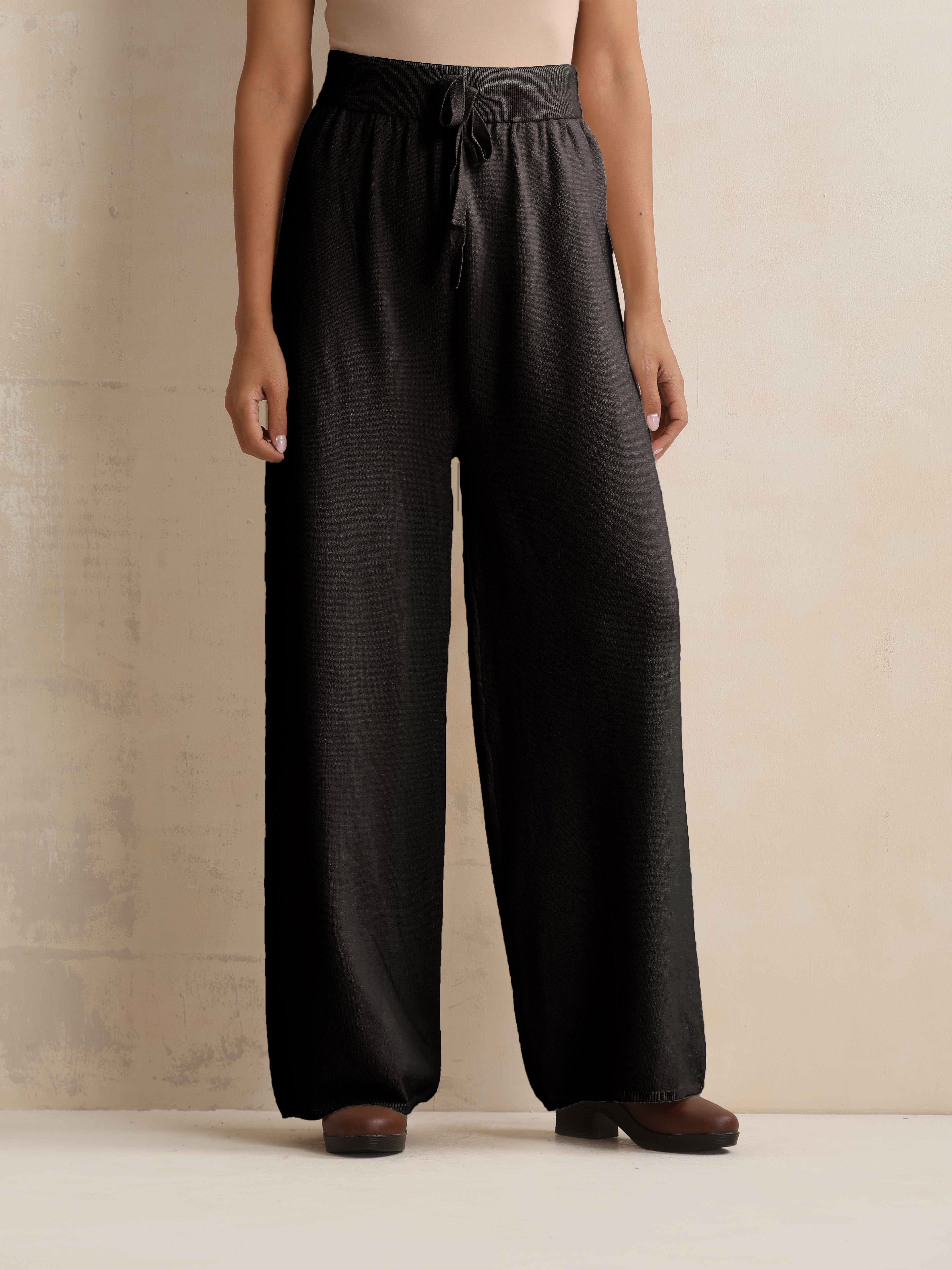 trueBrowns Black Woollen Flared Pants - Distacart