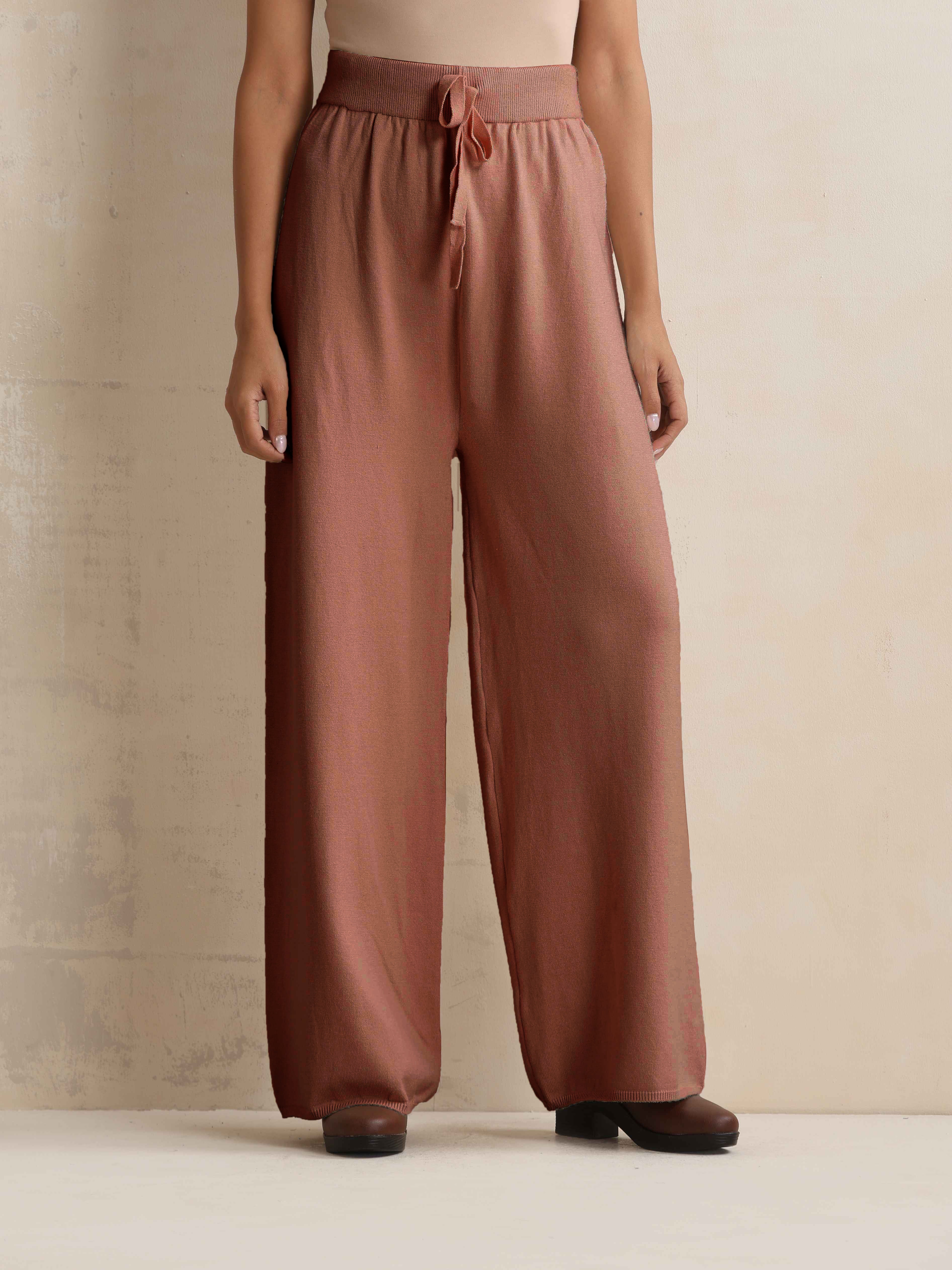 trueBrowns Peach Woollen Flared Pants - Distacart
