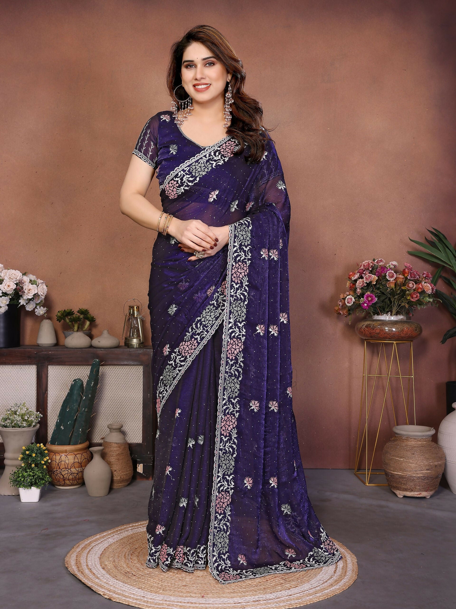 Teeya Creation New Womens Latest Party Wear Soft Chiffon Silk Saree-Purple - Dista