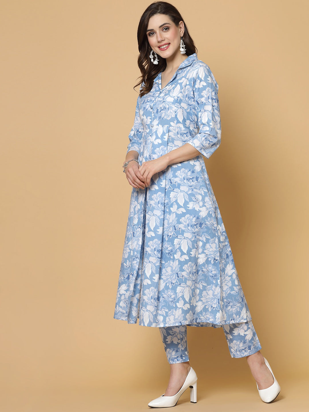 Kalini Floral Printed High Slit Pure Cotton Kurta with Trousers - Distacart