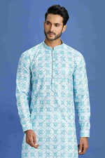 Thumbnail for Raivat Ethnic Cotton Embroidery Kurta Pajama In Sky Blue Colour - Dista