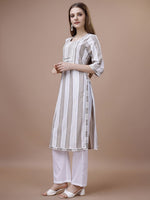 Thumbnail for Ode by House of Pataudi White Striped Printed Round Neck Cotton Straight Kurta - Distacart