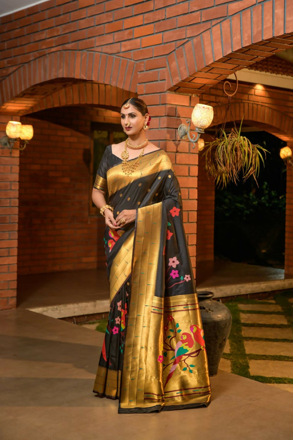 Jyoti Fashion Women's Black Paithani Silk Zari Woven Saree with Blouse - Distacart