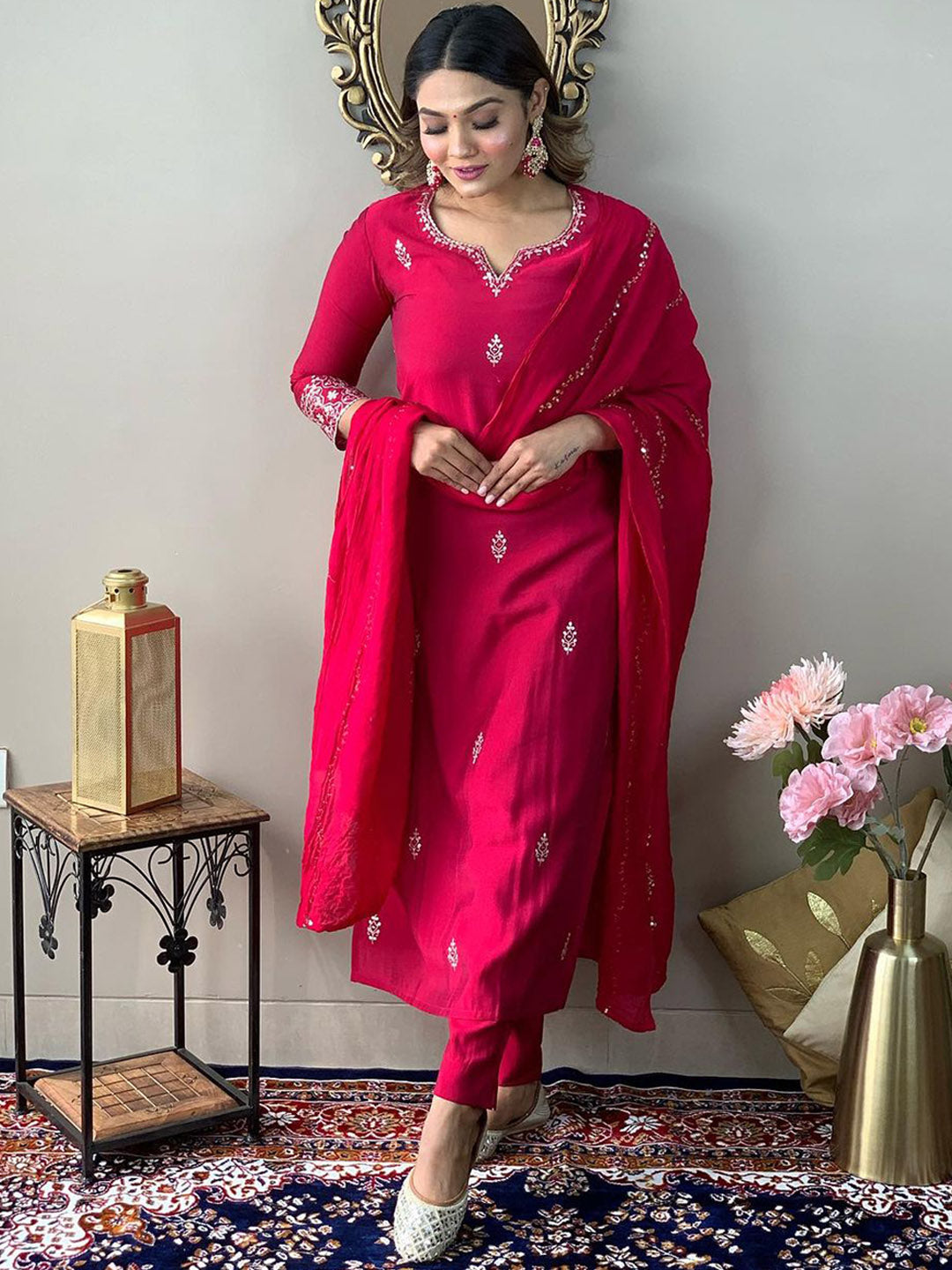 Kalini Ethnic Motifs Embroidered Thread Work Detail Straight Kurta & Trousers With Dupatta - Distacart