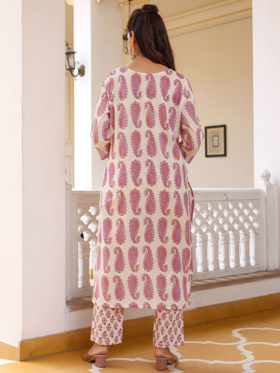 Anouk Paisley Printed Tie-Up Neck Pure Cotton Straight Kurta With Trousers & Dupatta