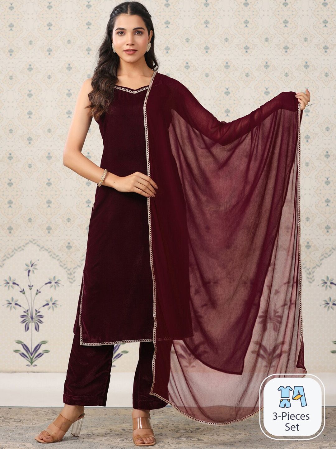 Ode by House of Pataudi Velvet Straight Kurta & Trousers With Dupatta - Distacart