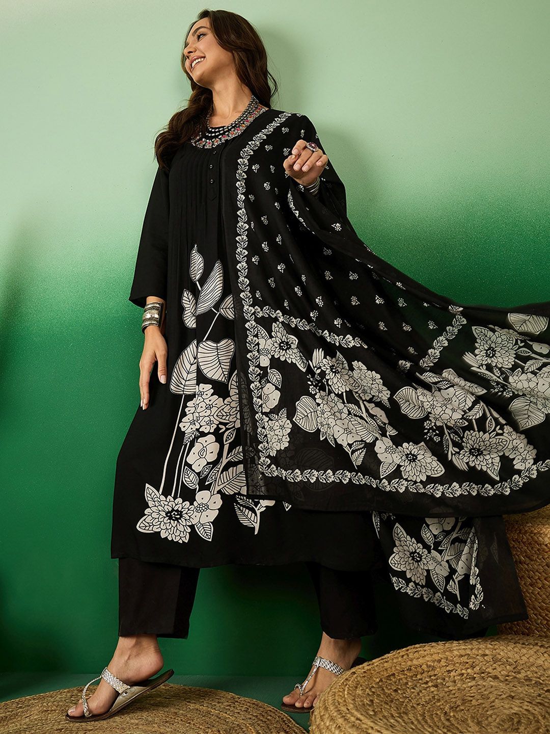 Sangria Floral Printed A-Line Kurta With Trouser & Dupatta