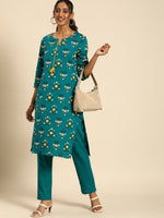 Thumbnail for All About You Women Teal Blue Floral Printed Regular Pure Cotton Kurta with Trousers - Distacart