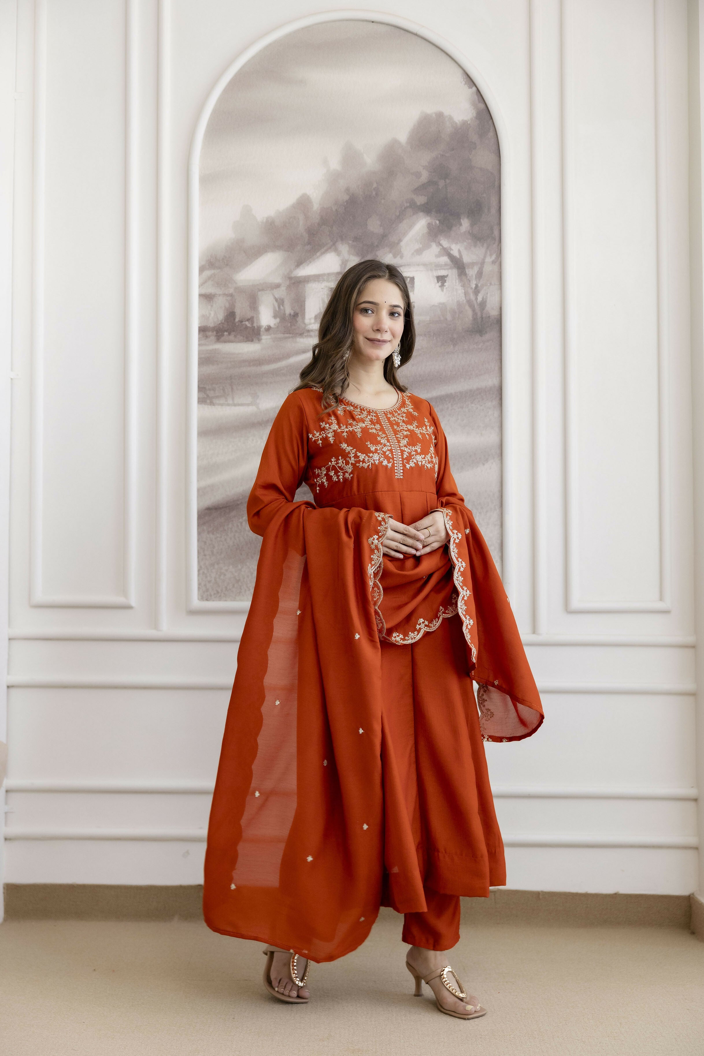 The52 Orange Women's Beautiful Vichitra Silk Fabric Embroidered Work Flared Anarkali Pant and Dupatta Set