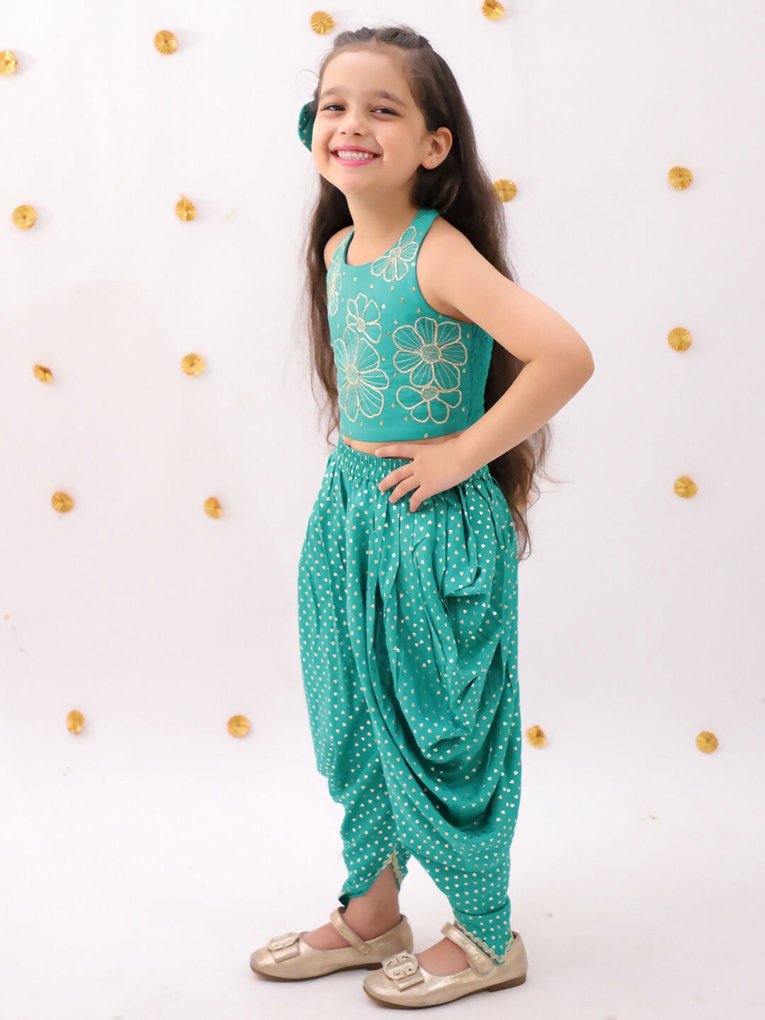 Lil Drama Khilkhilahat Green Crop Top and Dhoti SeT For Girls