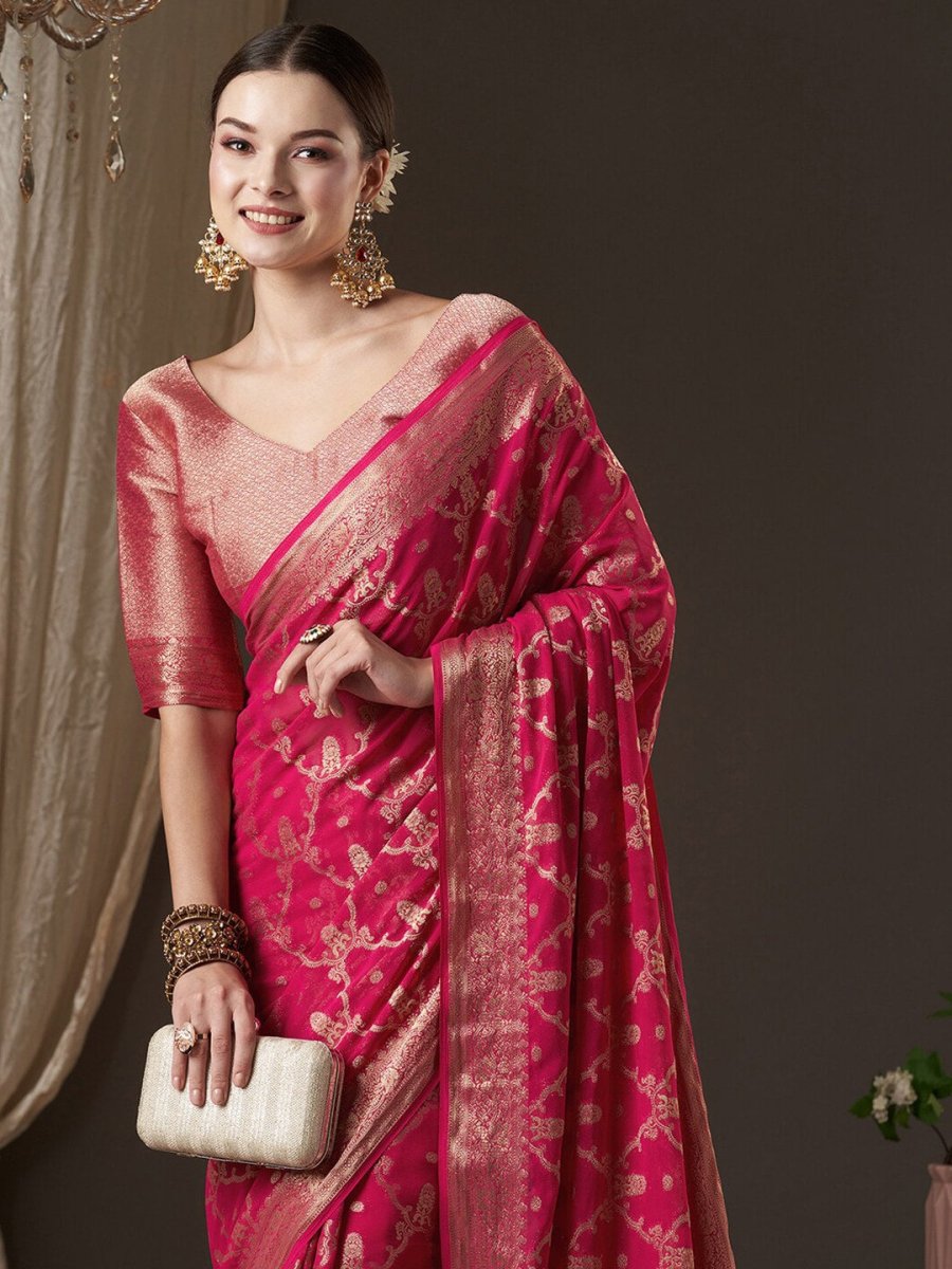 Anouk Pink & Gold-Toned Woven Design Zari Pure Georgette Kanjeevaram Saree - Distacart
