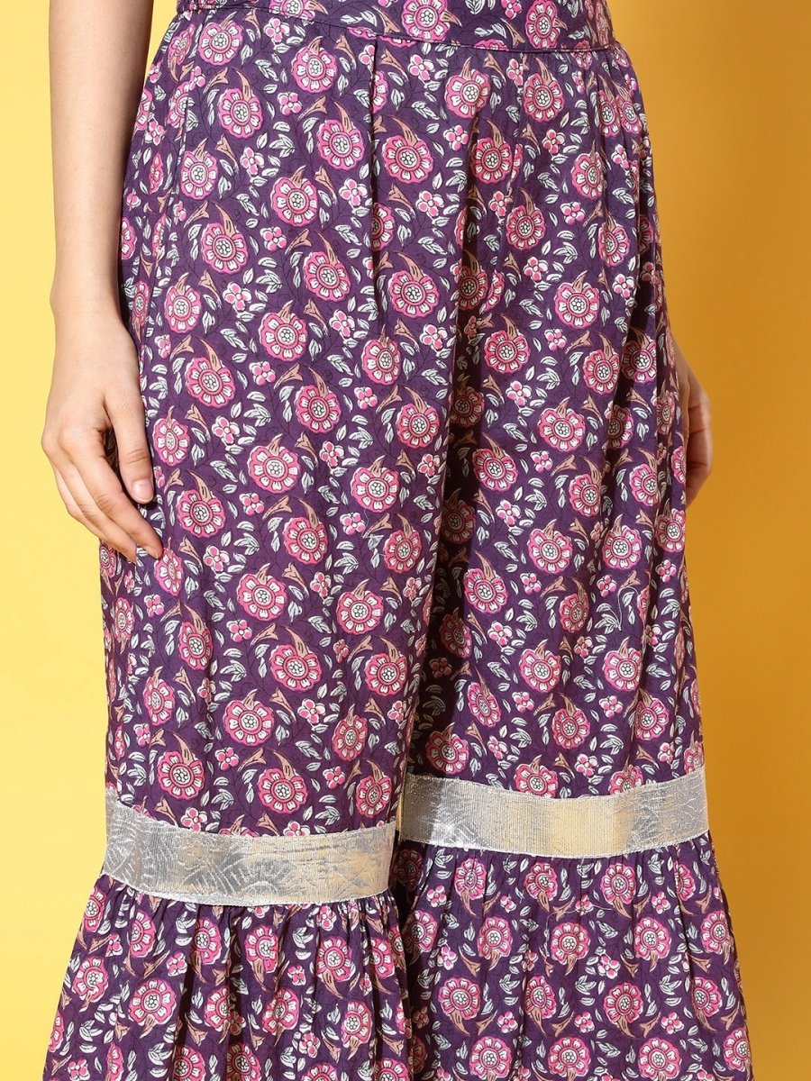 All About You Women Purple Floral Printed Regular Gotta Patti Pure Cotton Kurta with Sharara - Distacart