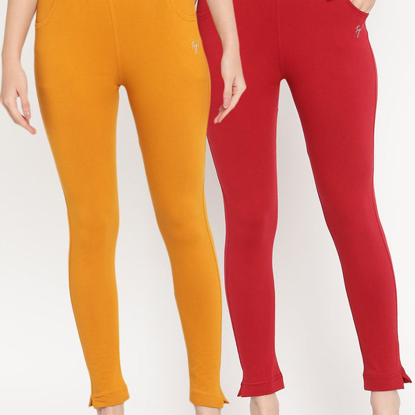 TAG 7 Women Pack of 2 Mustard Yellow & Magenta Solid Kurti Pants - Distacart