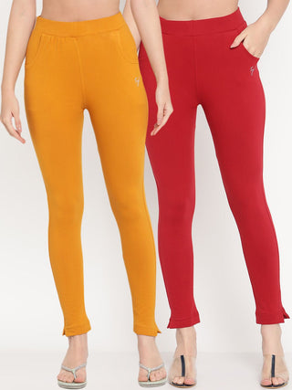 TAG 7 Women Pack of 2 Mustard Yellow & Magenta Solid Kurti Pants - Distacart