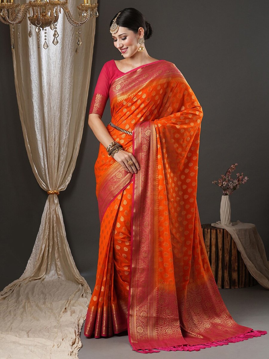 Anouk Orange & Pink Ethnic Motifs Woven Design Zari Pure Georgette Kanjeevaram Saree - Distacart