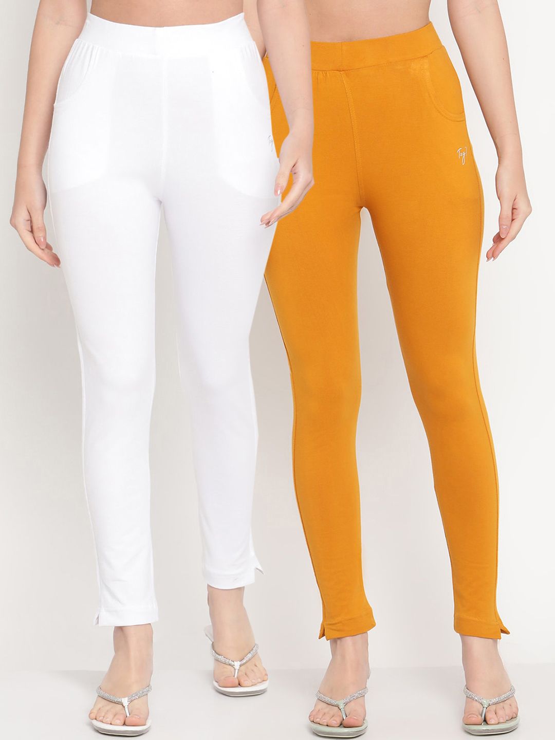 TAG 7 Women Pack of 2 Mustard Yellow & White Solid Leggings - Distacart