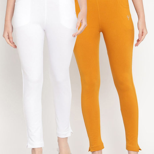 TAG 7 Women Pack of 2 Mustard Yellow & White Solid Leggings - Distacart
