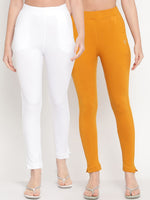 Thumbnail for TAG 7 Women Pack of 2 Mustard Yellow & White Solid Leggings - Distacart