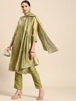 Thumbnail for Anouk Women Green Embroidered Regular Sequinned Chanderi Silk Kurta with Palazzos & With Dupatta - Distacart