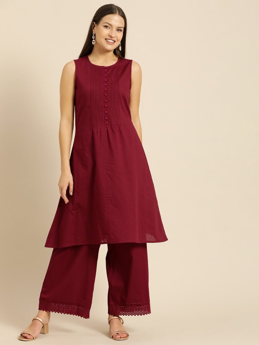 All About You Women Maroon Self Design Pure Cotton A-Line Kurta with Palazzos - Distacart