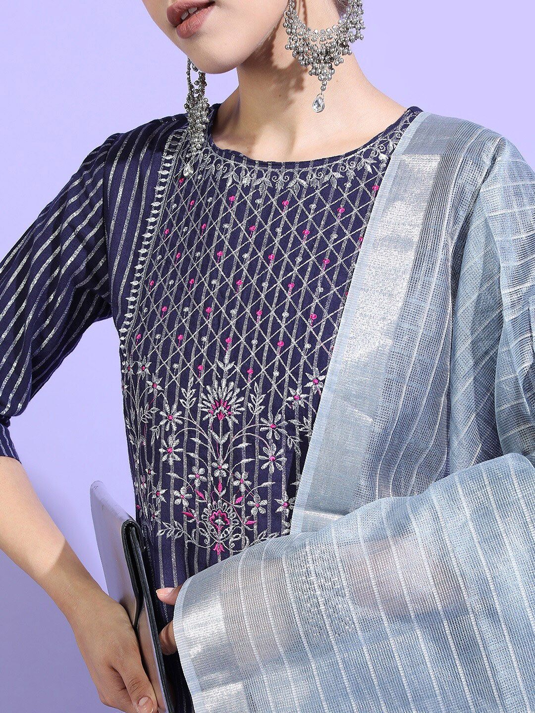 Vishudh Women Blue Striped Pure Cotton Kurta with Trousers & With Dupatta - Distacart