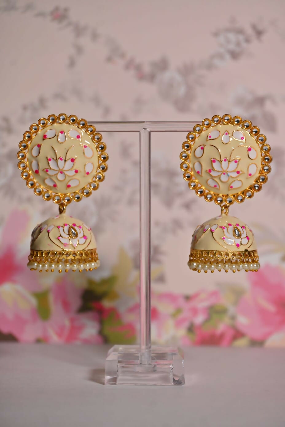 Beige Round Shape Ethnic Meenakari Jhumki Earrings By House of Ree - Distacart
