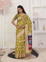 Thumbnail for Astita Linen Cotton Mhendi Green Saree
