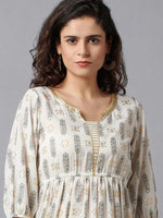 Thumbnail for AURELIA Off White & Gold-Toned Printed Ethnic Midi Fit & Flared Dress