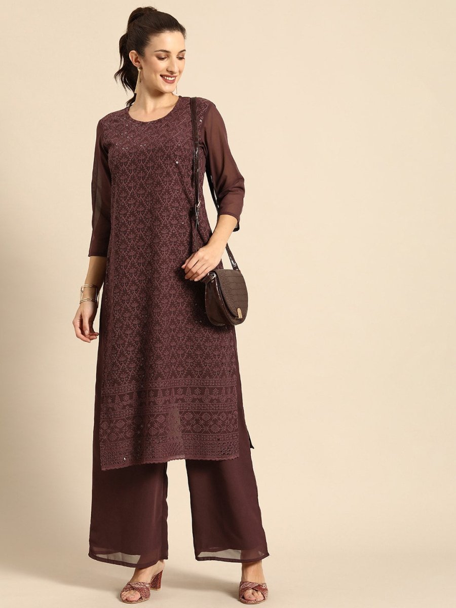 All About You Women Brown Ethnic Motifs Embroidered Regular Chikankari Kurta with Palazzos - Distacart