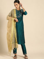 Thumbnail for All About You Women Green & Gold-Toned Embroidered Sequinned Kurta with Trousers & Dupatta - Distacart