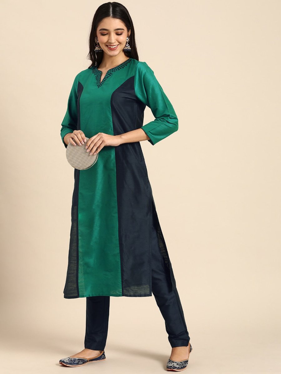 All About You Women Green & Navy Blue Colourblocked Kurta with Trousers - Distacart