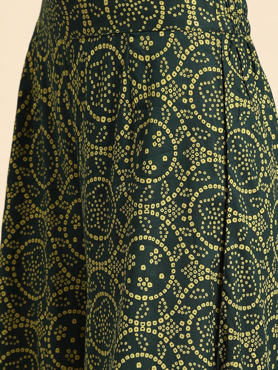 All About You Women Green Bandhani Printed Gathered Sequinned Kurti with Palazzos - Distacart