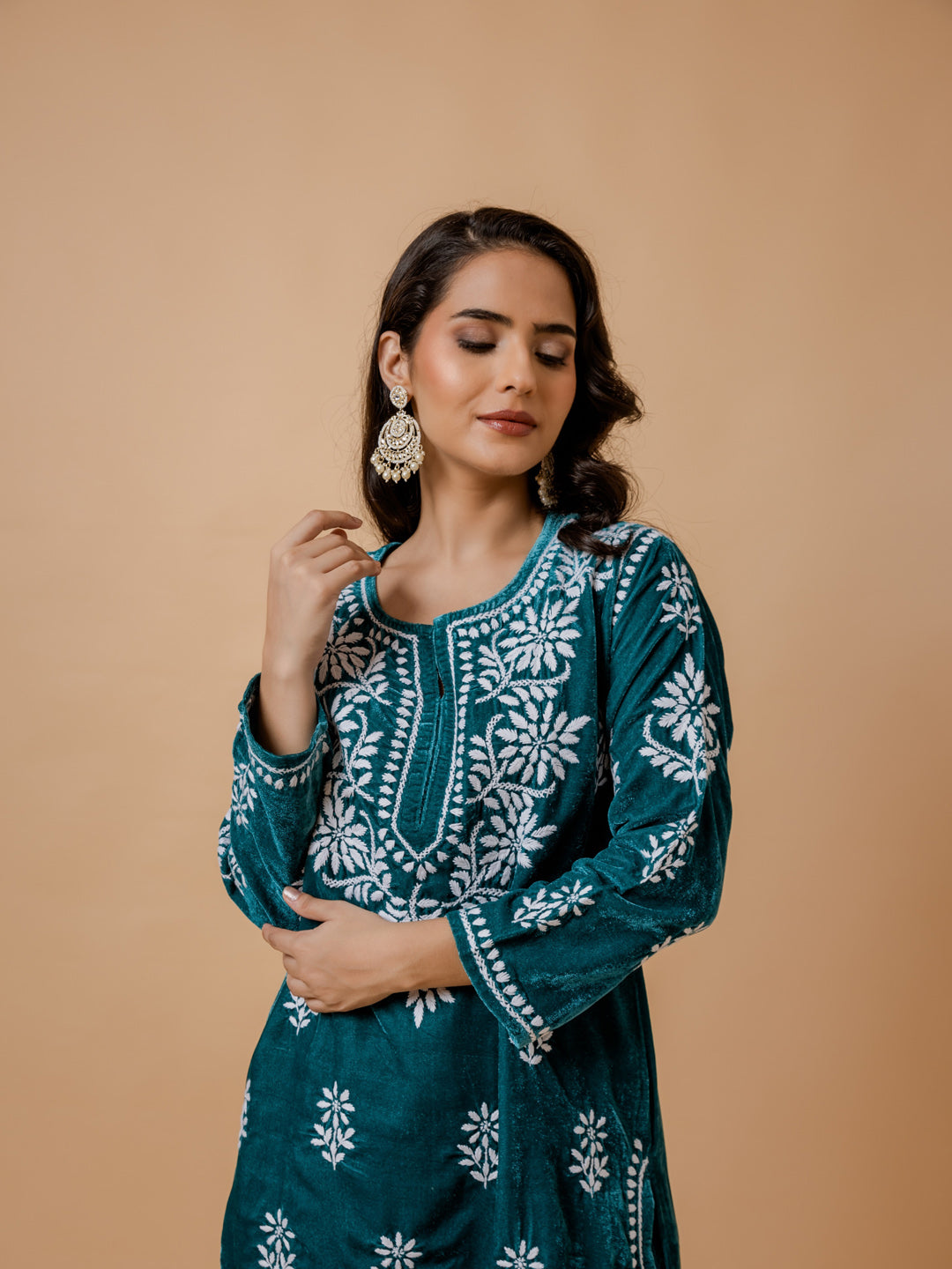 HOUSE OF KARI Ethnic Motifs Embroidered Chikankari Velvet Kurta With Trousers - Distacart