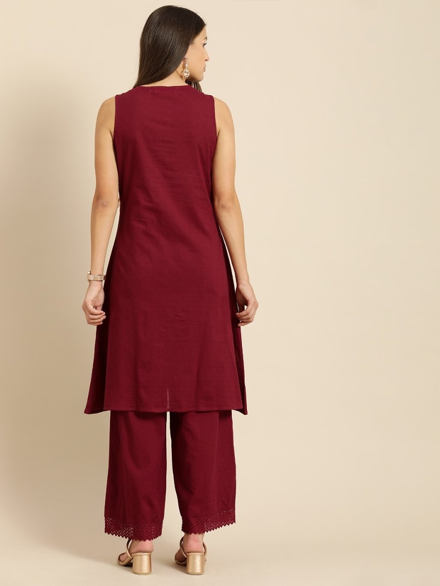 All About You Women Maroon Self Design Pure Cotton A-Line Kurta with Palazzos - Distacart