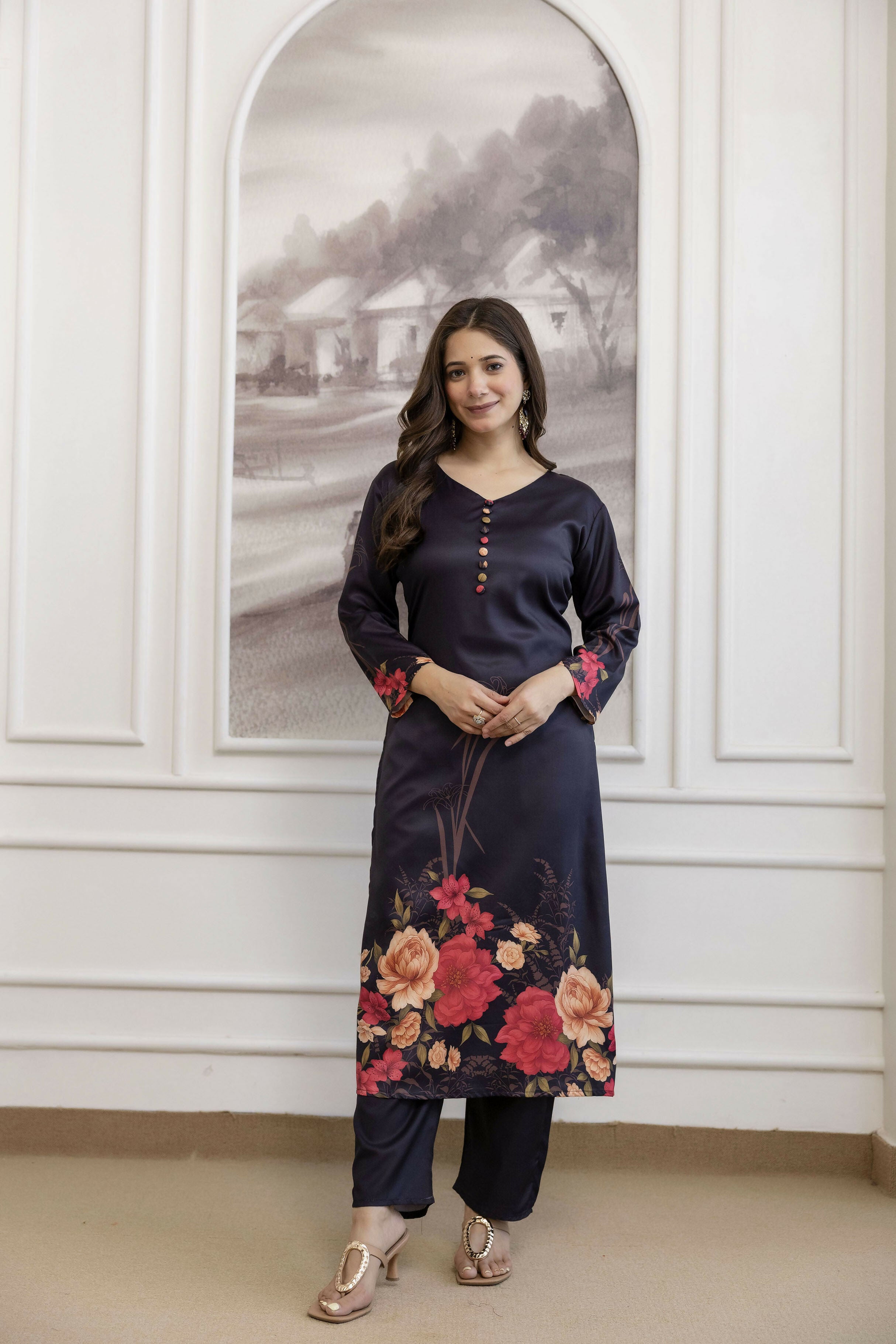 The52 Women's Beautiful Soft Assam Fabric Printed Work A-line Kurta Pant and Dupatta Set - Distacart