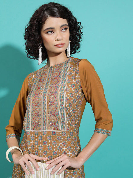 Vishudh Rust Ethnic Motifs Printed Straight Kurta