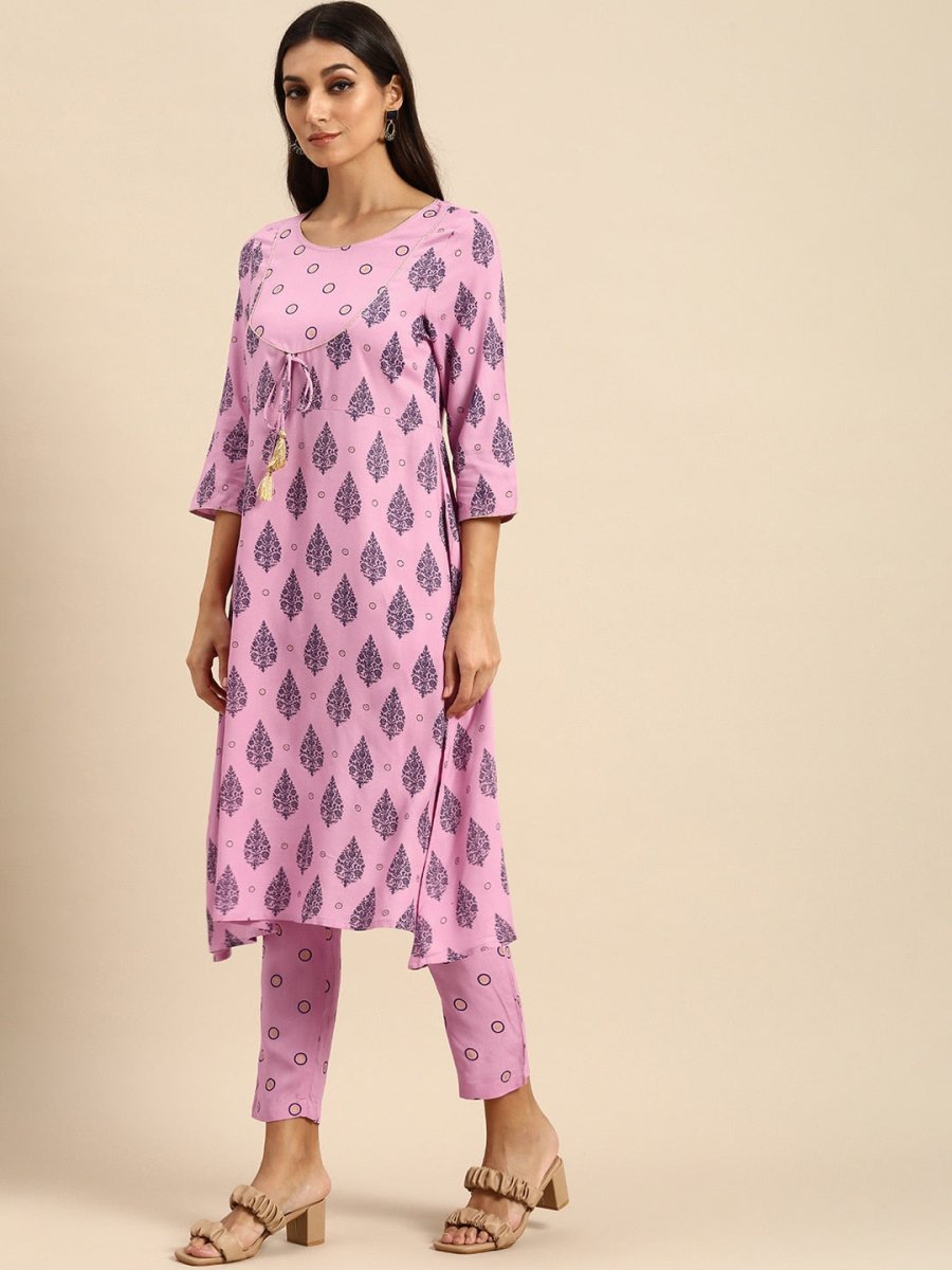 All About You Women Pink Ethnic Motifs Printed Empire Kurta with Trousers - Distacart