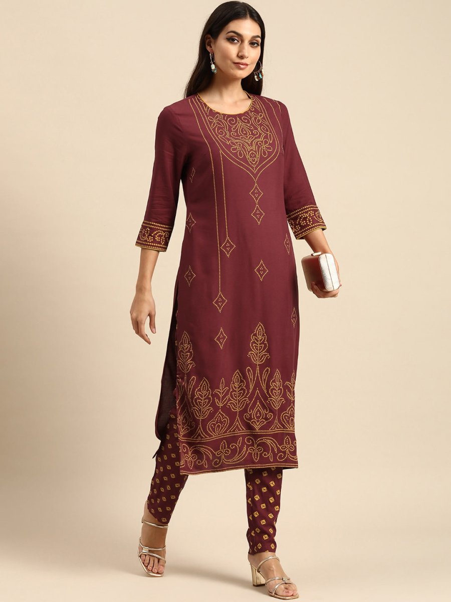 All About You Women Maroon Bandhani Printed Kurta with Trousers - Distacart
