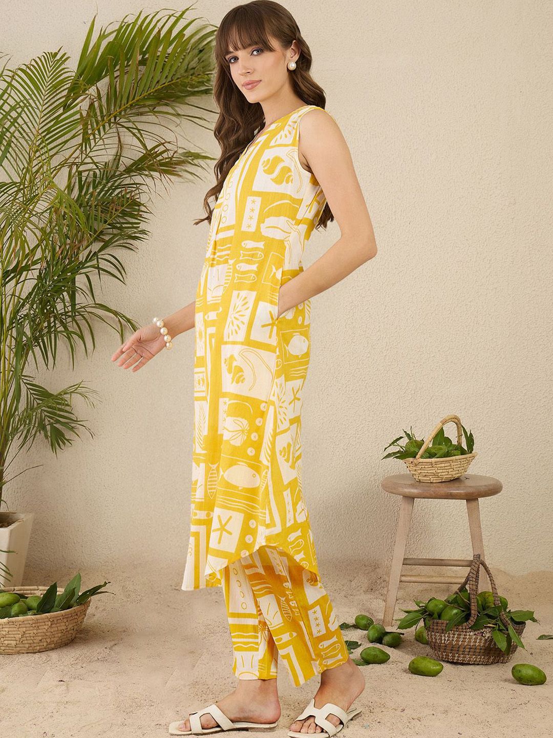 Indo Era Women Ethnic Motifs Printed Pleated Pure Cotton Kurta with Trousers