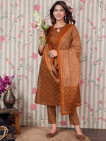 Thumbnail for Ode by House of Pataudi Ethnic Motifs Printed Pure Cotton Kurta with Trousers & Dupatta - Distacart